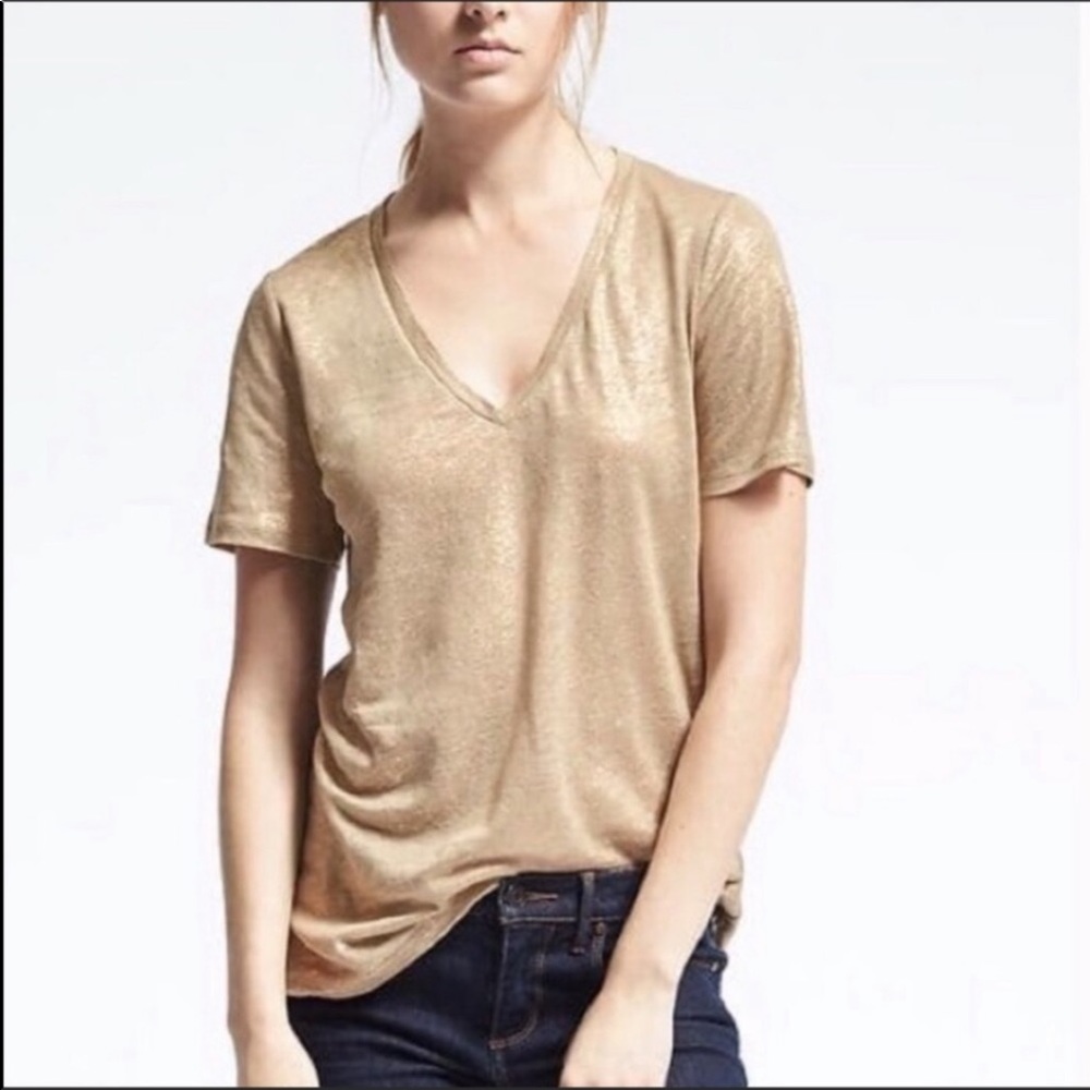 J.Crew Linen V-Neck Metallic Foil Shimmer Tee, EUC
